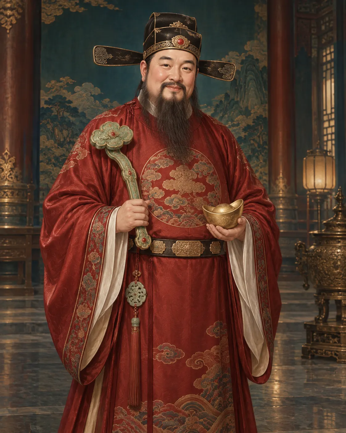 The civilian God of Wealth in crimson official robes with a ruyi