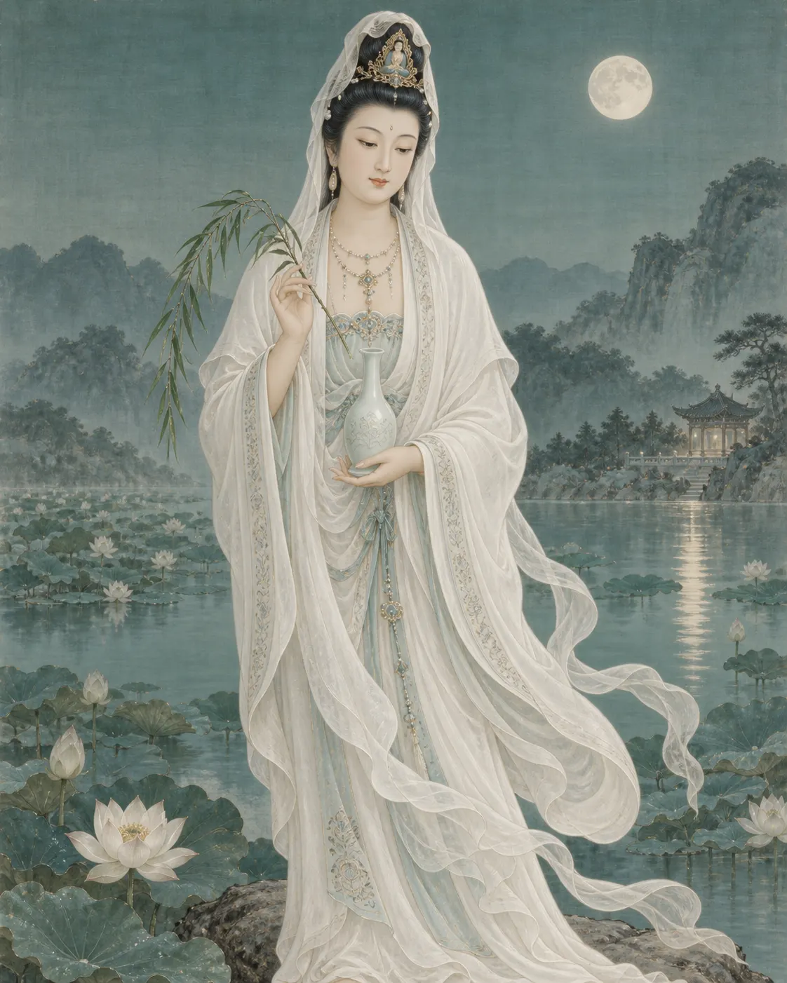 Guanyin with water vase and willow branch before a lotus pond