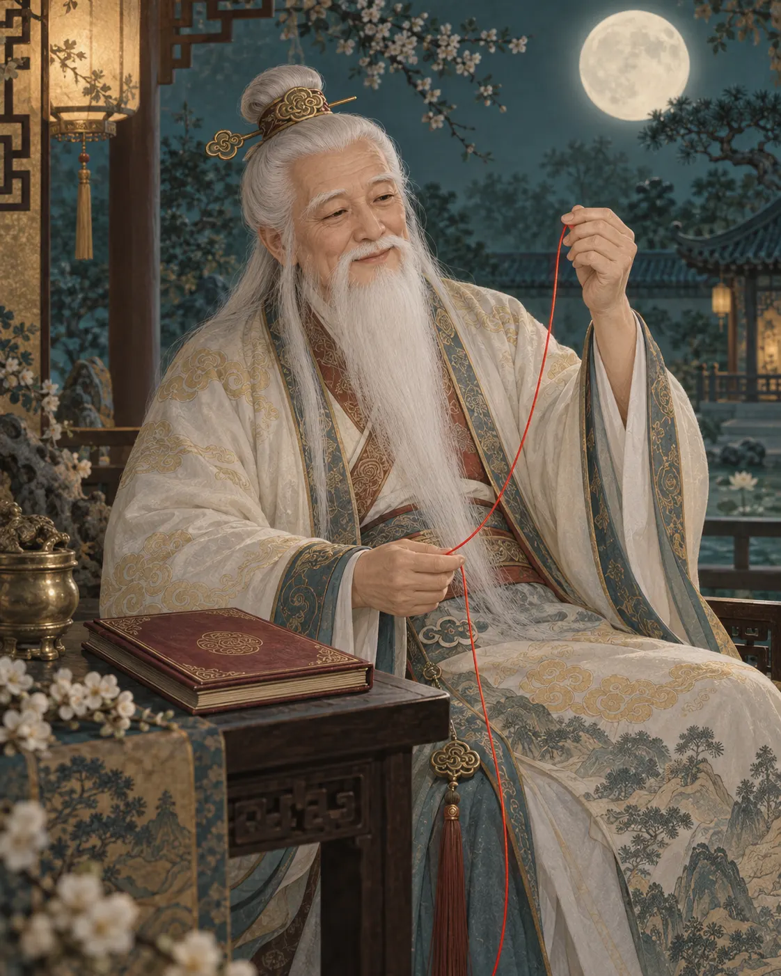 Yue Lao by moonlight with a red thread and a book