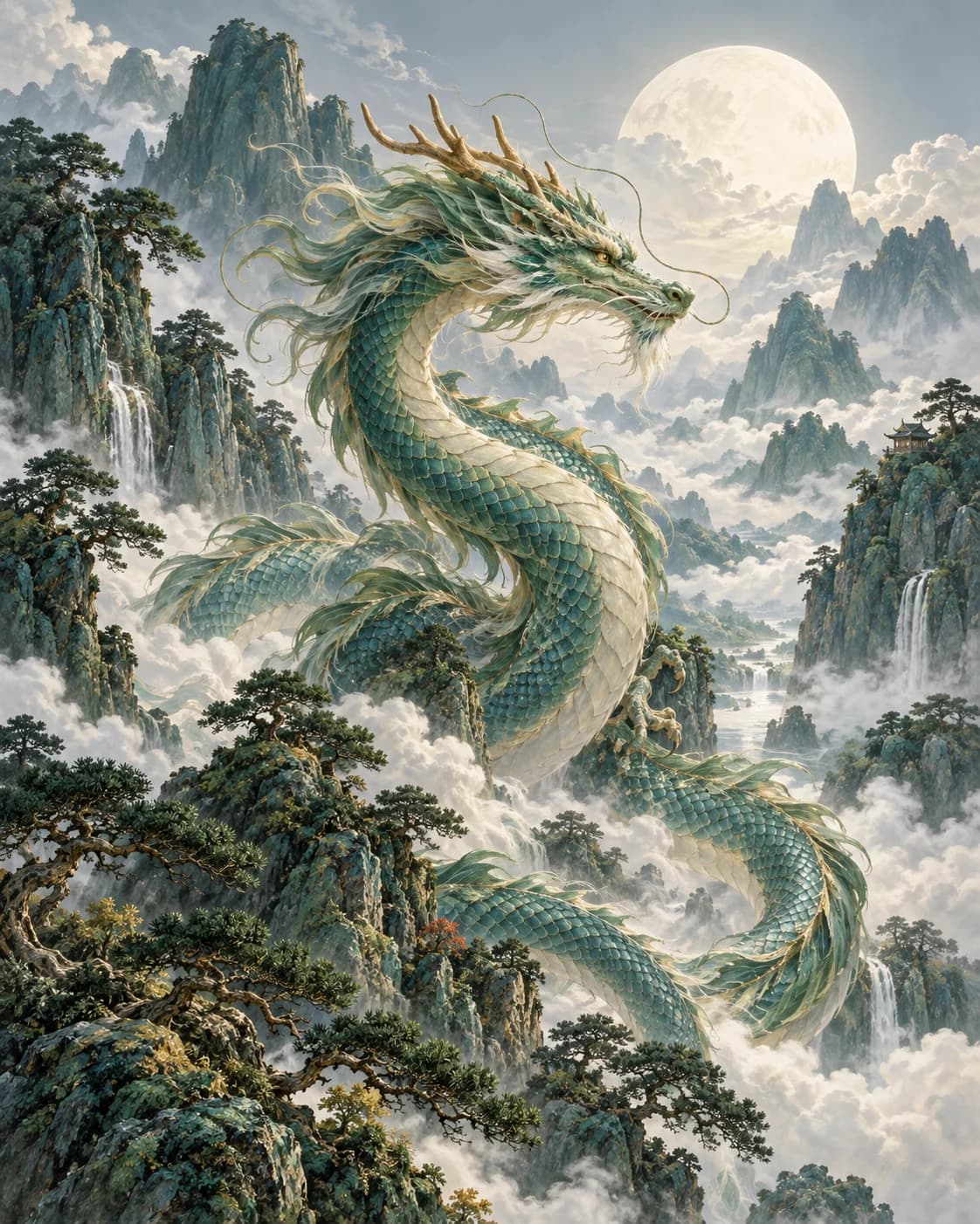 The Azure Dragon moves through clouds and jade mountains