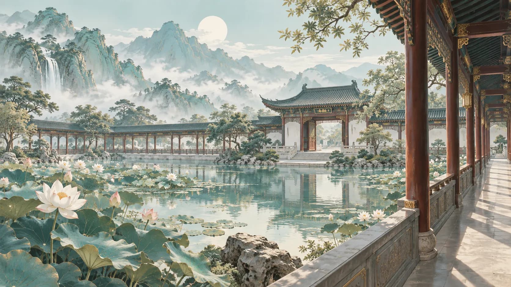 A lotus pond, cloister and quiet empty garden