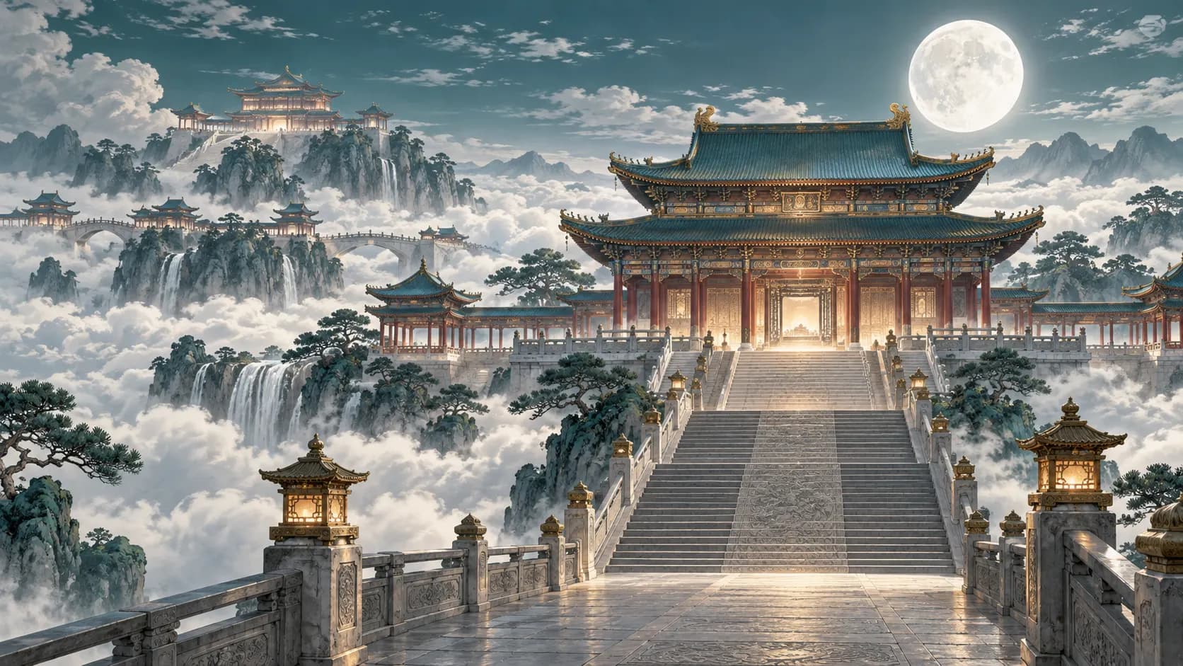Layered celestial halls and open stairs above a cloud sea