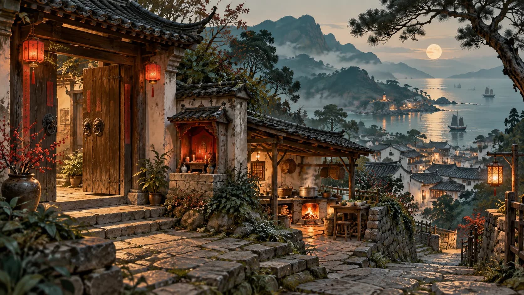 Village doorway, small shrine, hearth and lamp