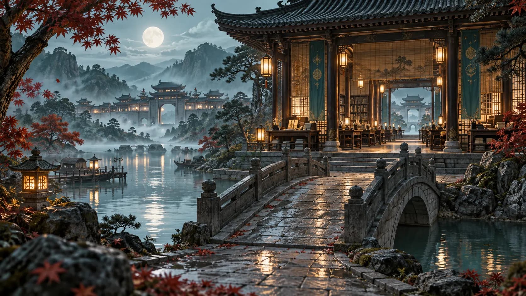 A river bridge leads toward a lamp-lit archive hall