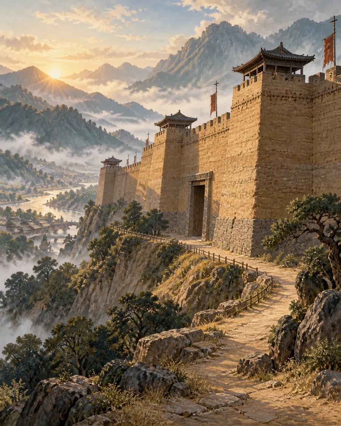 A thick rampart extends along a mountain town
