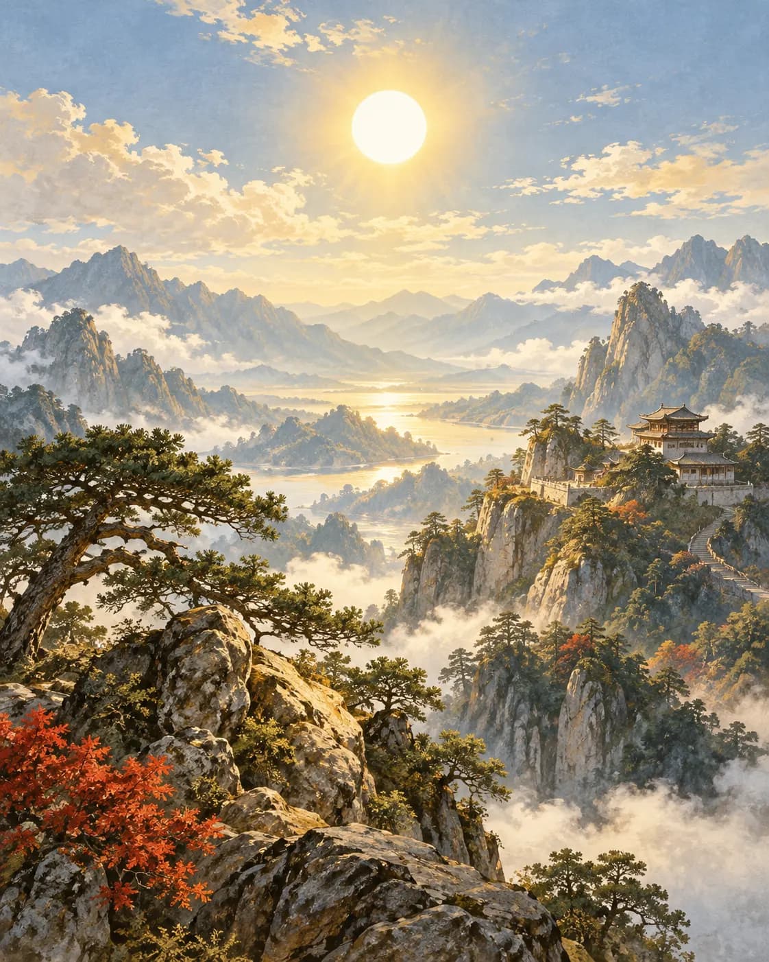 The noon sun illuminates a mountain ridge