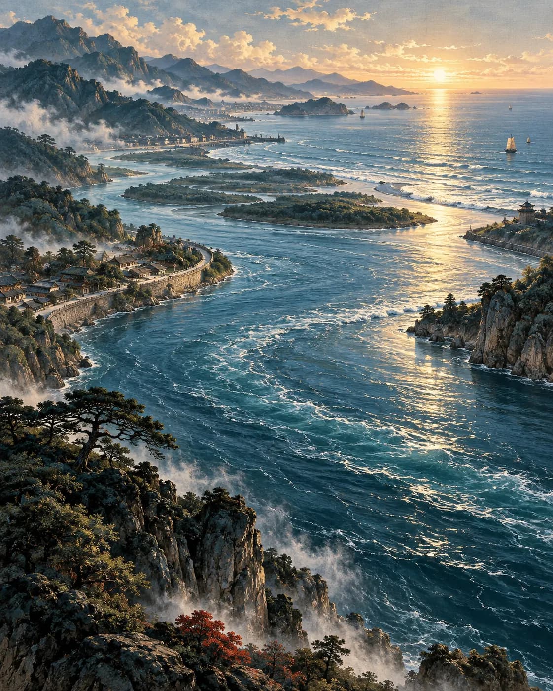 A broad tidal river flows toward the bay