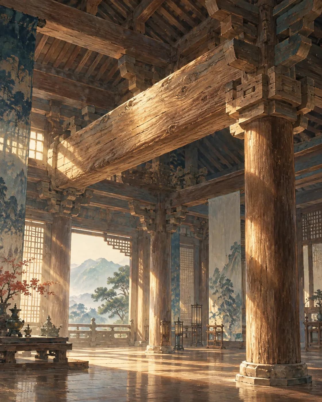 A finished timber beam supports an Eastern roof