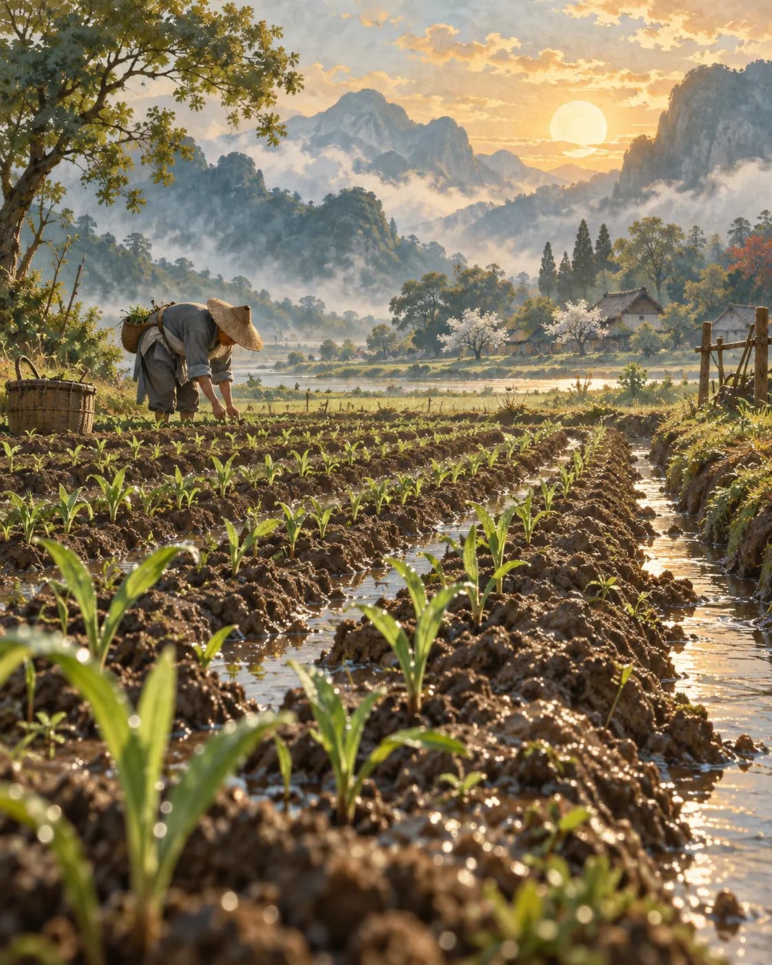 New seedlings grow in rows of moist furrows