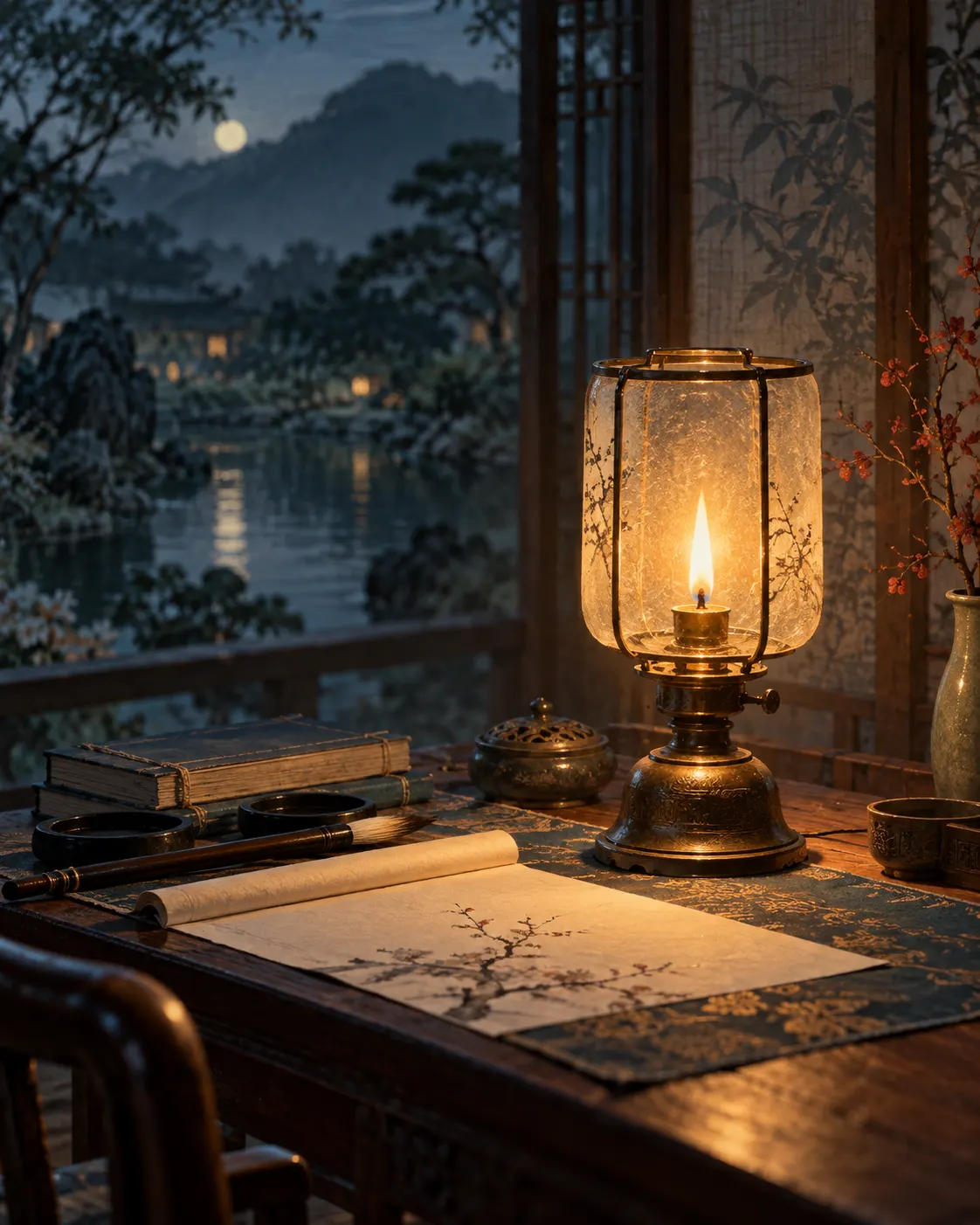 A sheltered wick illuminates a writing desk