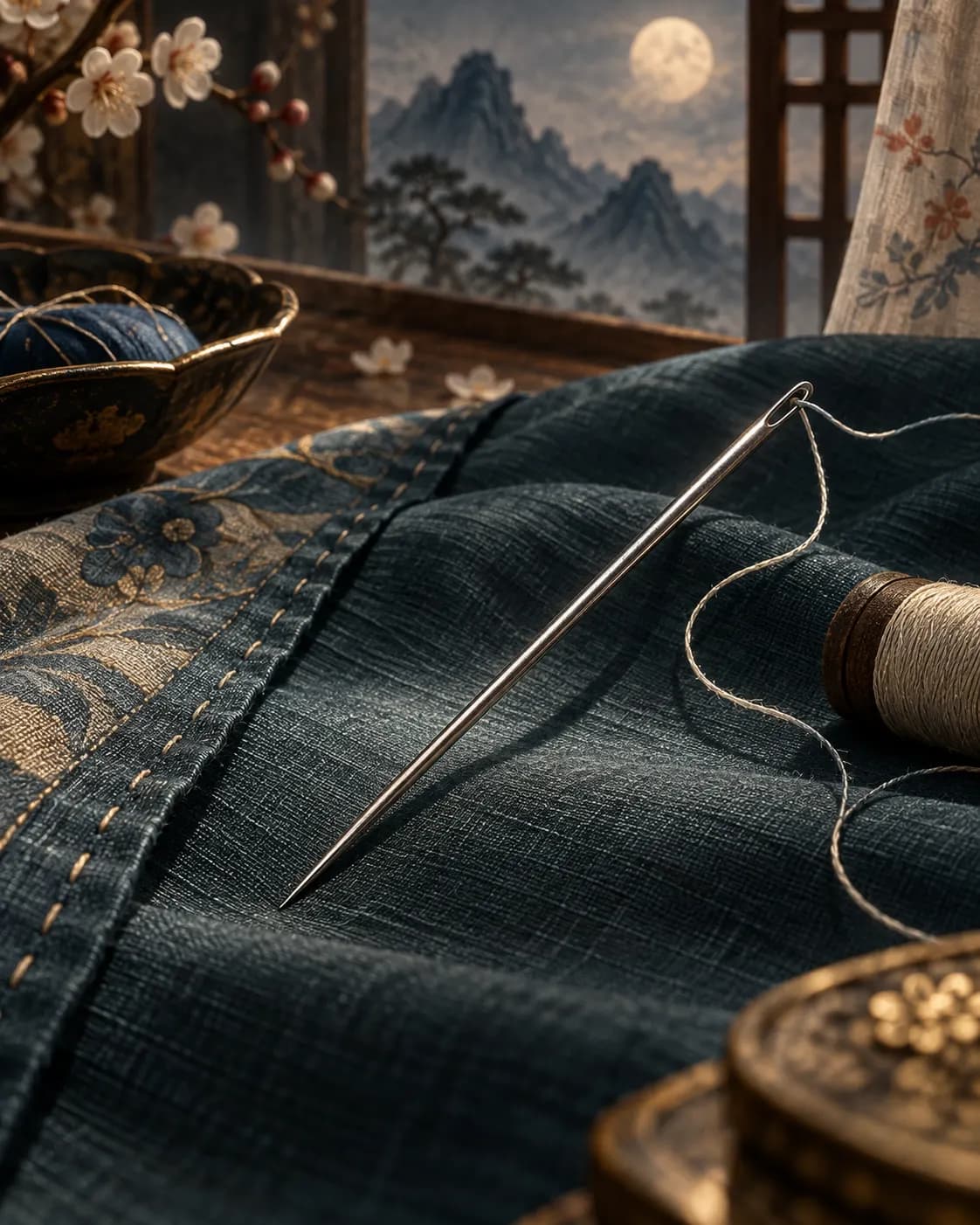 A fine silver needle lies on dark silk