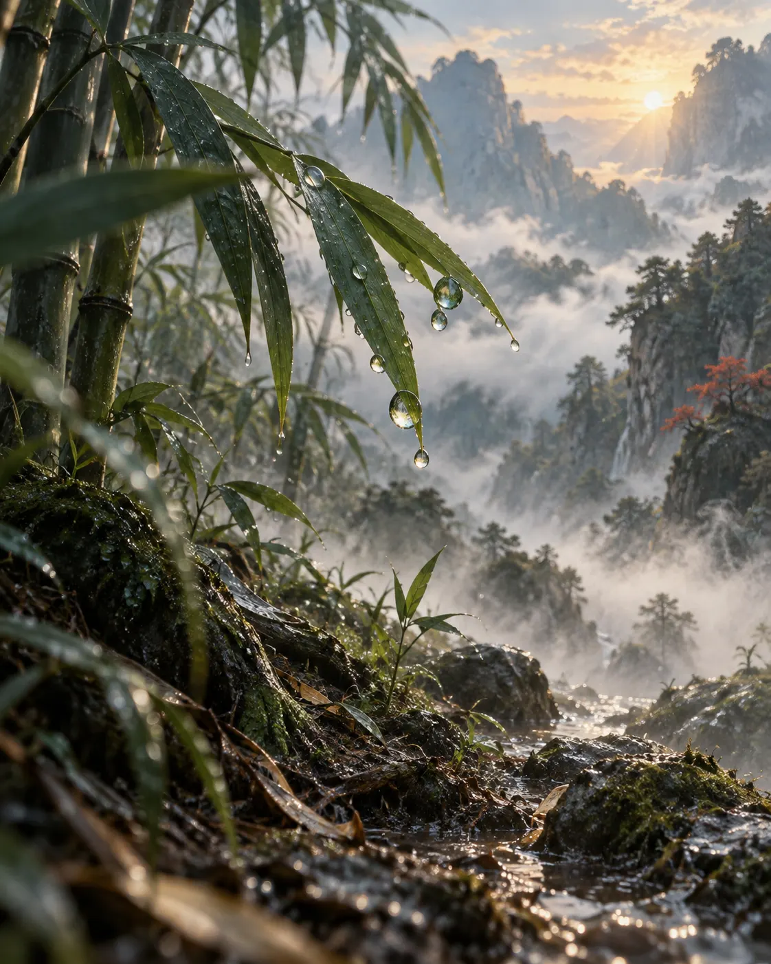 Tiny dewdrops cling to bamboo leaves in mist