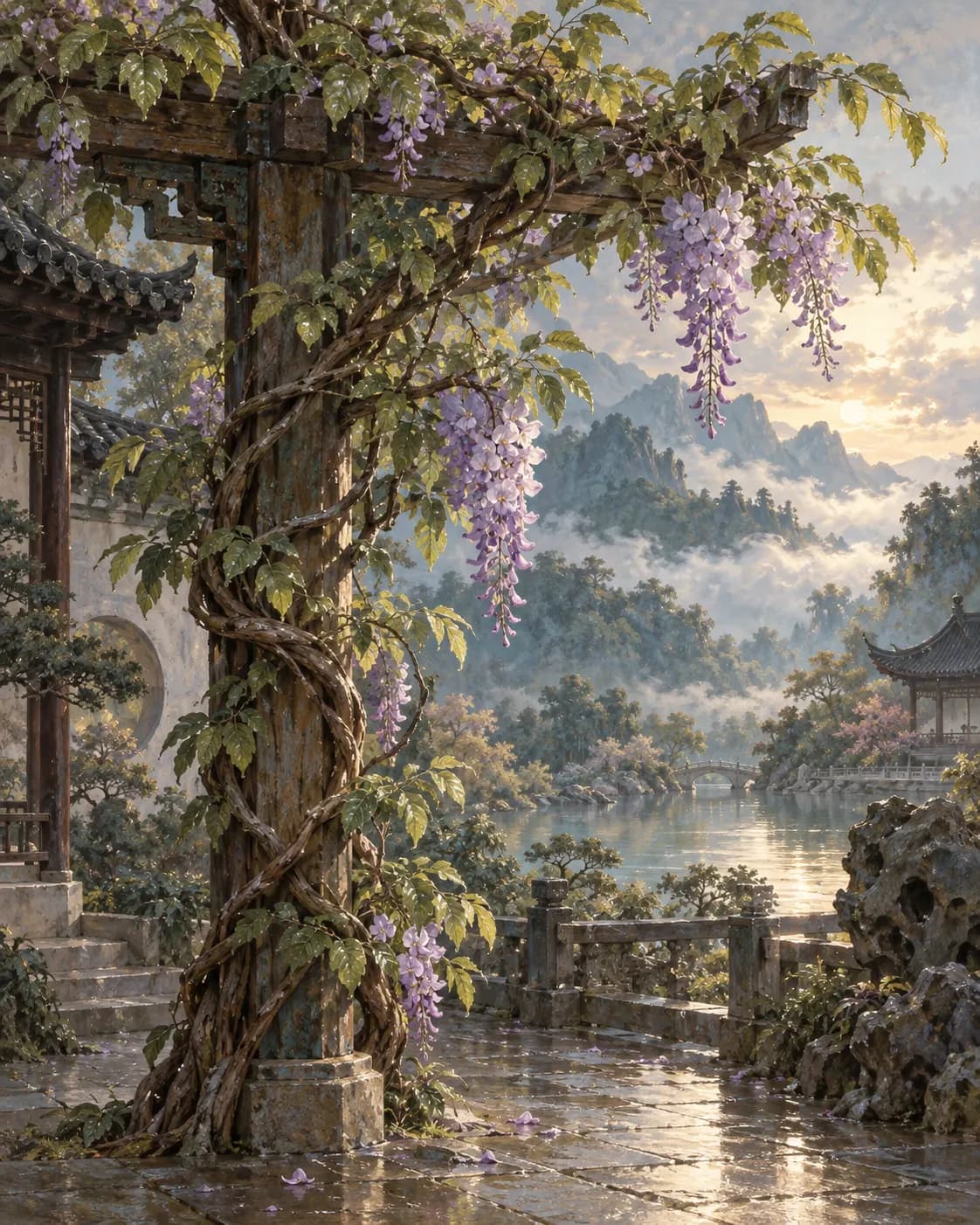 Wisteria climbs an Eastern courtyard trellis