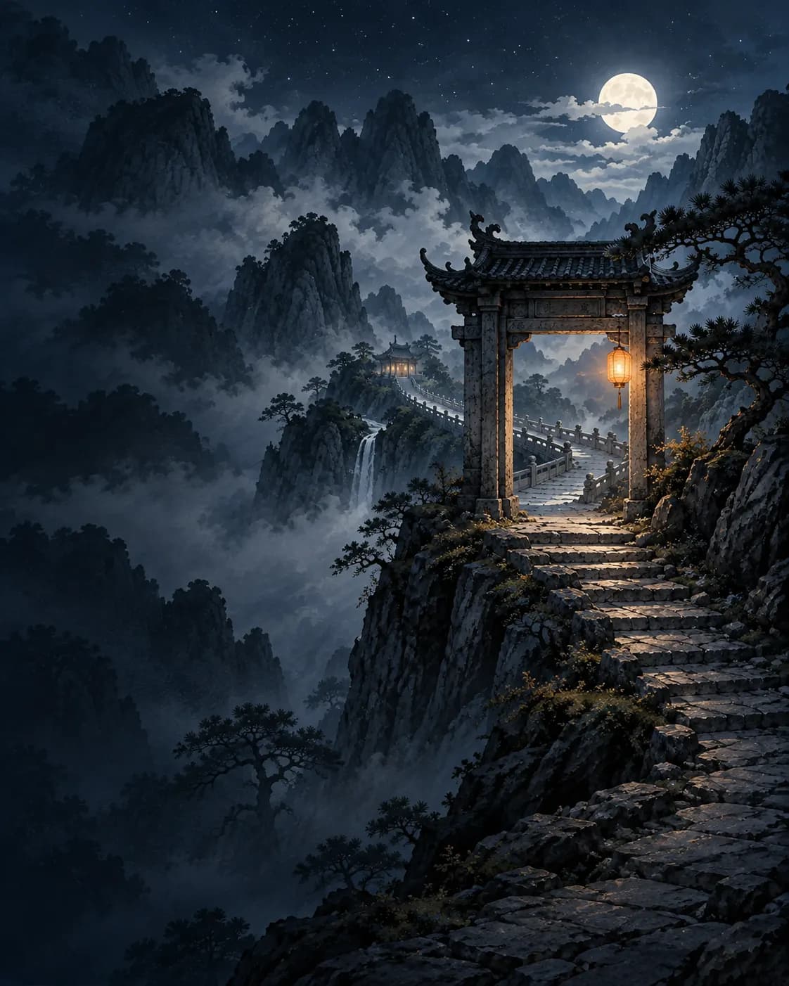 A moonlit mountain gate above a misty path