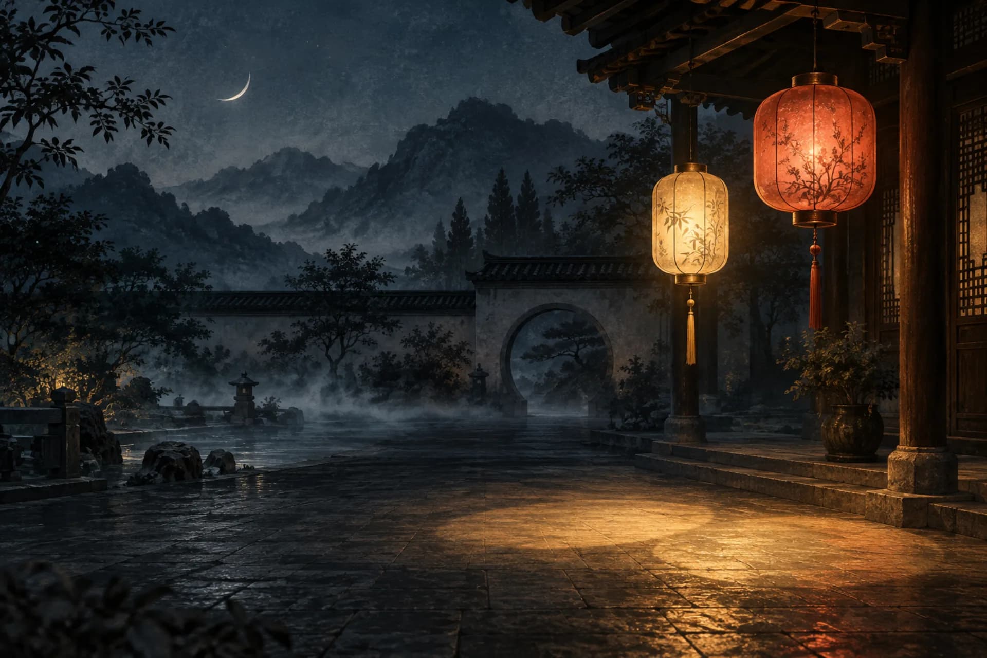 Two lanterns casting overlapping light in a moonlit Chinese courtyard